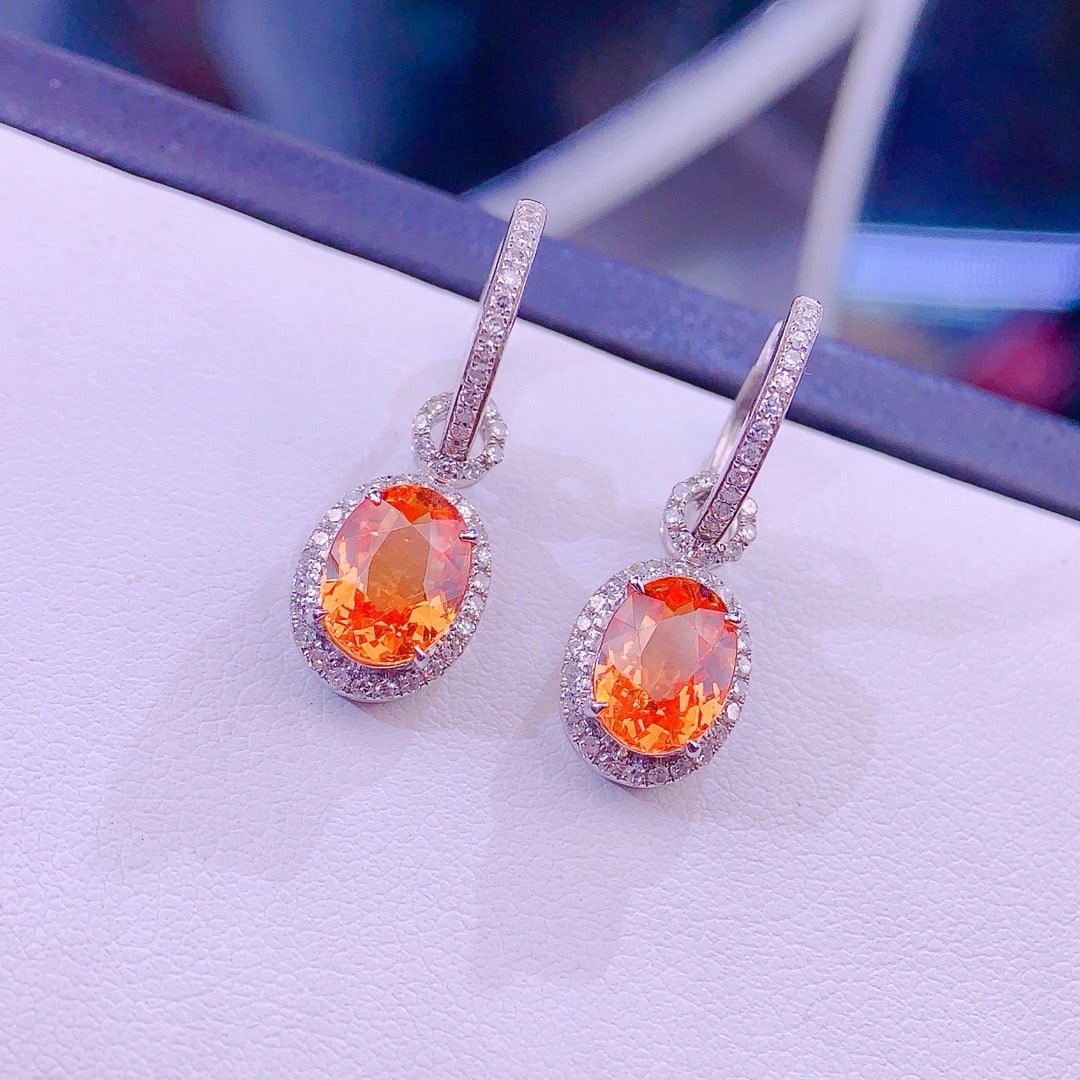 14k Gold 4 Ct Natural Spessartine & Diamond Earrings - 4