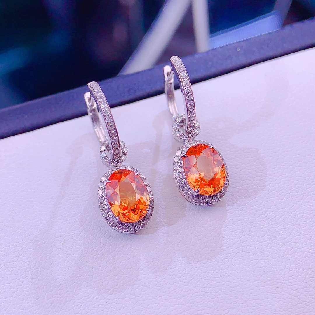 14k Gold 4 Ct Natural Spessartine & Diamond Earrings - 5