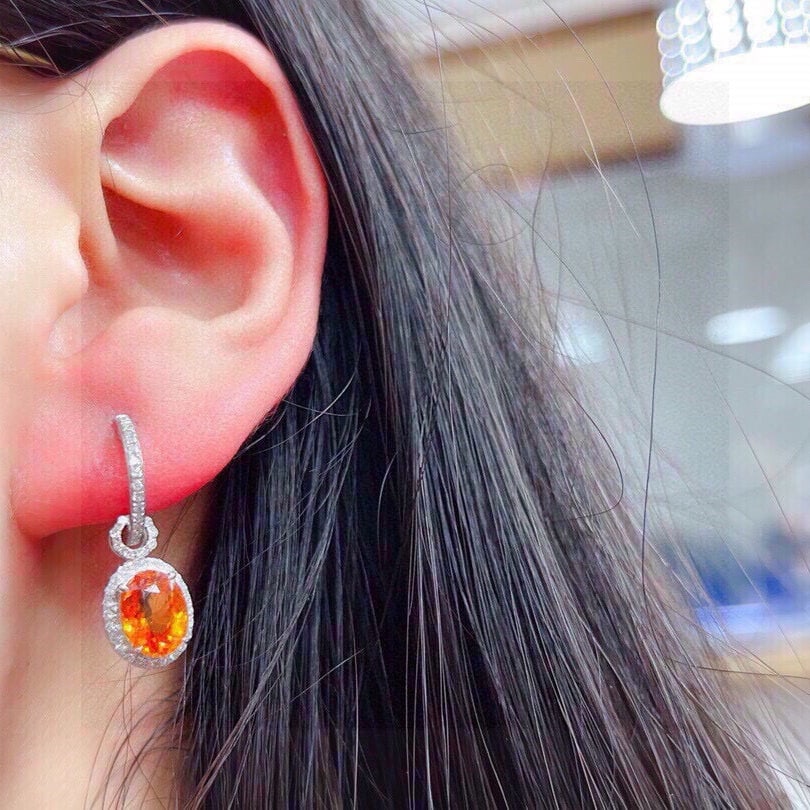 14k Gold 4 Ct Natural Spessartine & Diamond Earrings - 7