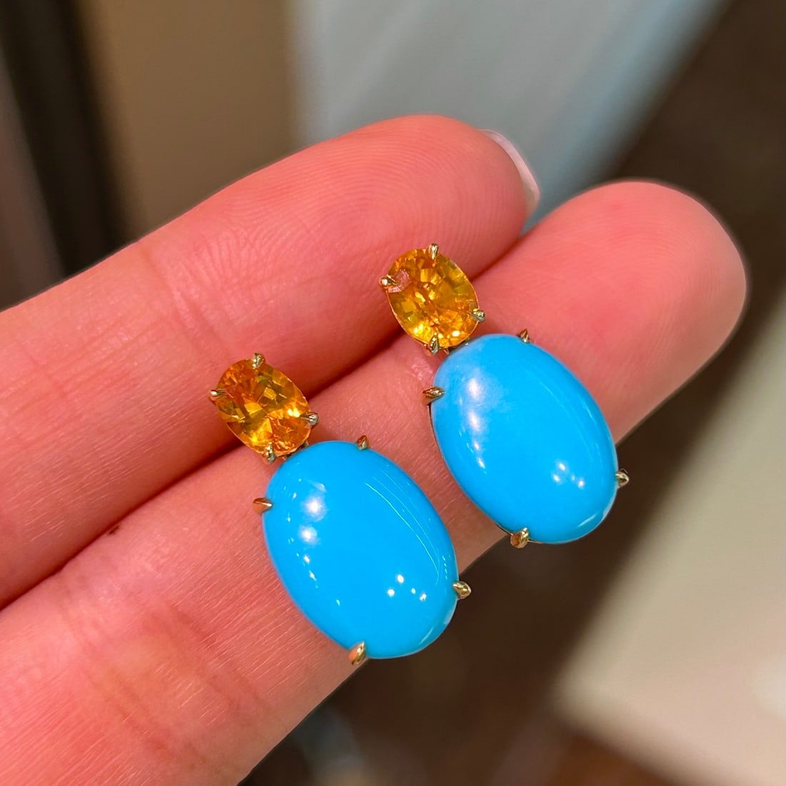 14k Gold 10.78 Ctw Natural Blue Turquoise & Sapphire Earrings: Ref:231156356 // gold content:14k gold // main gemstone:blue turquoise // shape:oval // carat weight:8. 55ct // color:blue // treatment:natural // // adjacent gemstone 2 : sapphire // shape:oval // ca