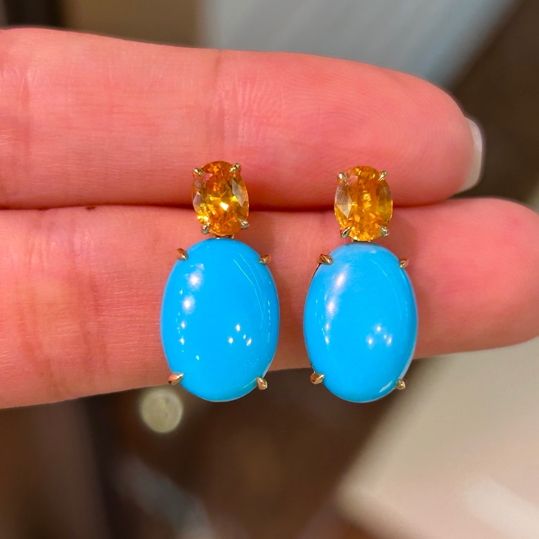 14k Gold 10.78 Ctw Natural Blue Turquoise & Sapphire Earrings - 2