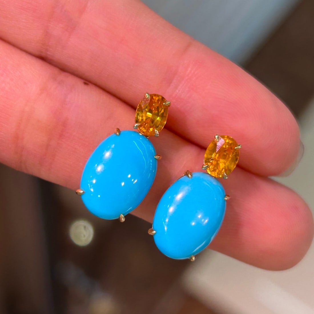 14k Gold 10.78 Ctw Natural Blue Turquoise & Sapphire Earrings - 3