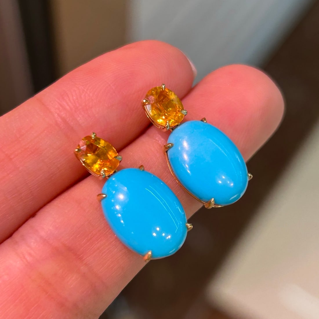 14k Gold 10.78 Ctw Natural Blue Turquoise & Sapphire Earrings - 4