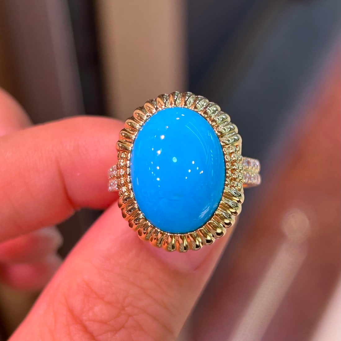 14k Gold 5.95 Ctw Natural Blue Turquoise & Diamond Ring: Ref:231156359 // gold content:14k gold // ring size:7. 25us // // main gemstone:blue turquoise // shape:oval // carat weight:5. 75ct // color:blue // treatment:natural // // adjacent gemstone 2 :