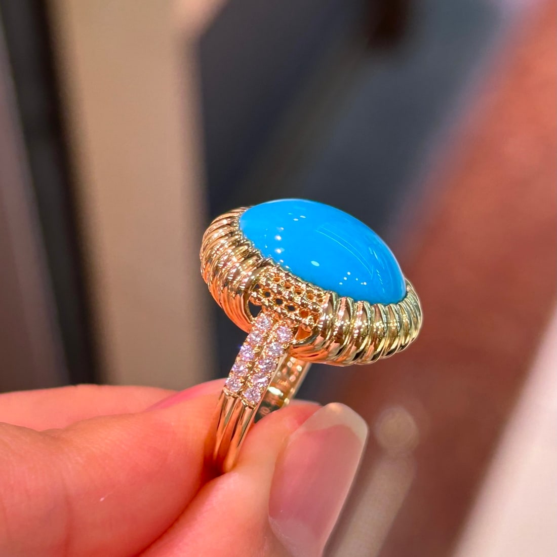 14k Gold 5.95 Ctw Natural Blue Turquoise & Diamond Ring - 4