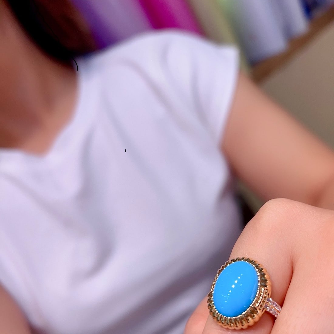 14k Gold 5.95 Ctw Natural Blue Turquoise & Diamond Ring - 5