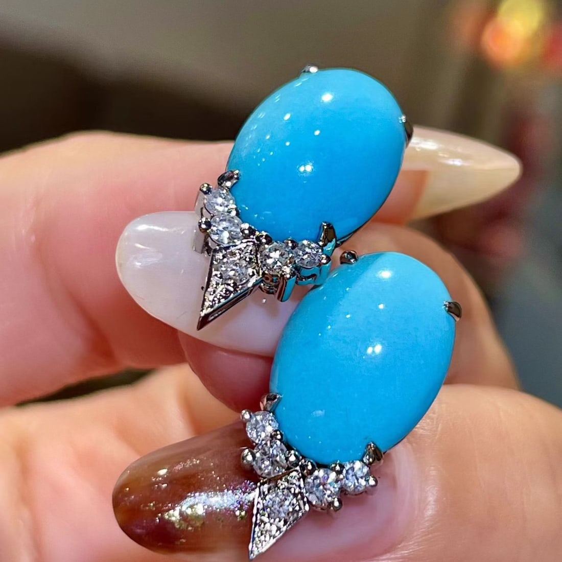 14k Gold 8.97 Ctw Natural Blue Turquoise & Diamond Earrings - 2