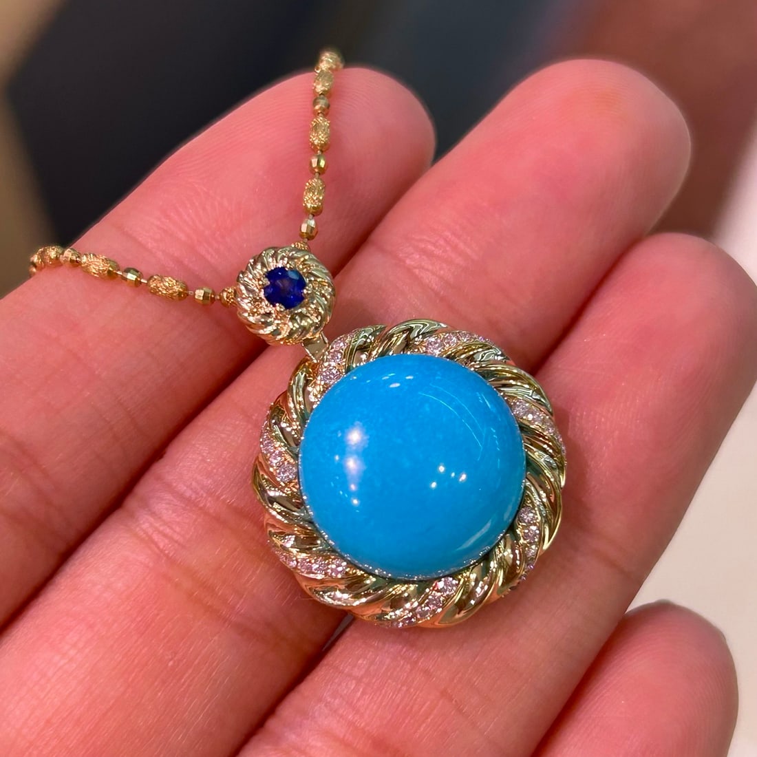 14k Gold 2.74 Ctw Natural Blue Turquoise & Diamond Pendant( Without Chain ): Ref:231156382 // gold content:14k gold // main gemstone:blue turquoise // shape:round // carat weight:2. 52ct // color:blue // treatment:natural // cut grade:g // // adjacent gemstone 2 : diamond // s