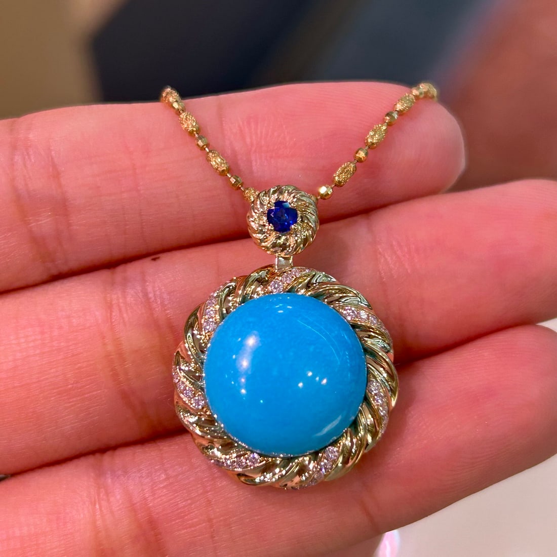 14k Gold 2.74 Ctw Natural Blue Turquoise & Diamond Pendant( Without Chain ) - 2