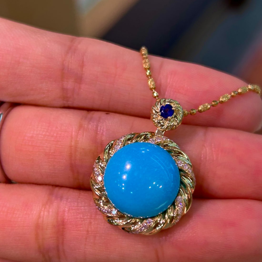 14k Gold 2.74 Ctw Natural Blue Turquoise & Diamond Pendant( Without Chain ) - 3