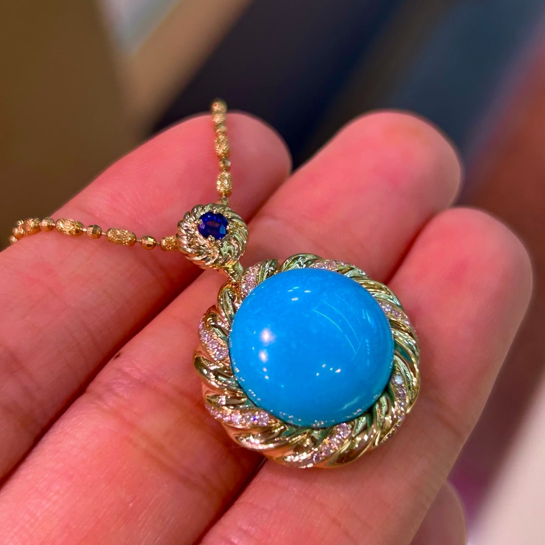 14k Gold 2.74 Ctw Natural Blue Turquoise & Diamond Pendant( Without Chain ) - 4