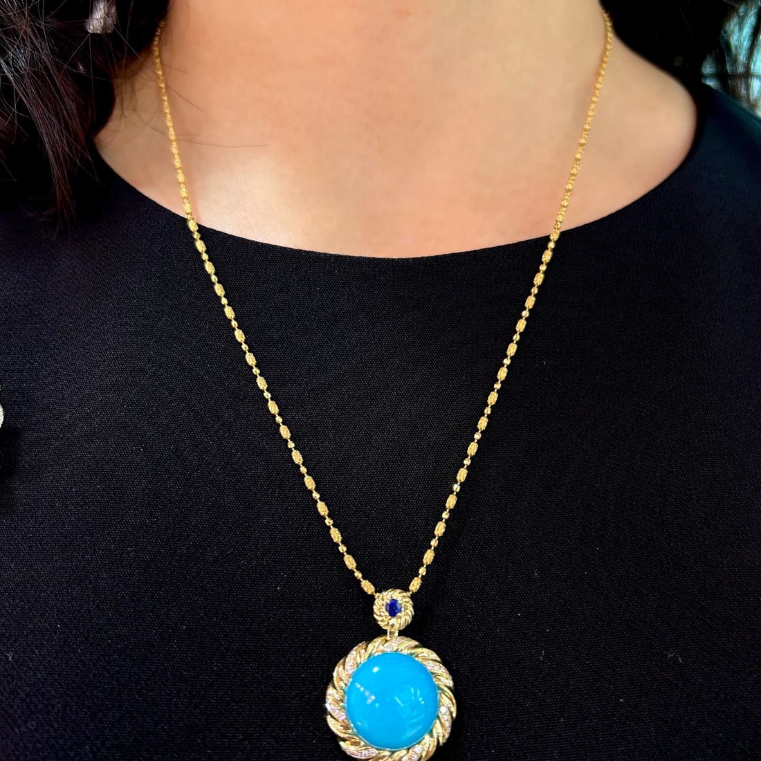 14k Gold 2.74 Ctw Natural Blue Turquoise & Diamond Pendant( Without Chain ) - 5