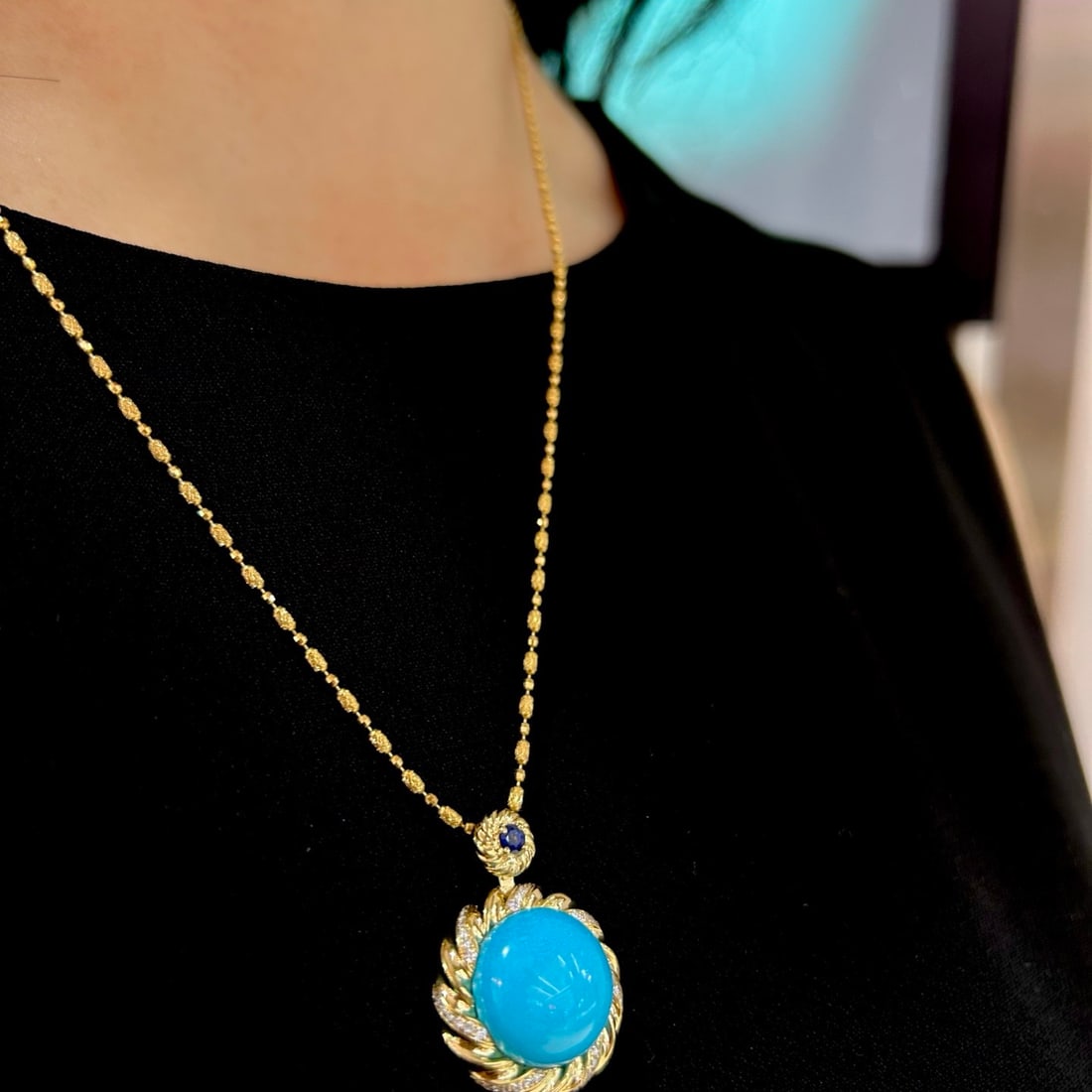 14k Gold 2.74 Ctw Natural Blue Turquoise & Diamond Pendant( Without Chain ) - 6
