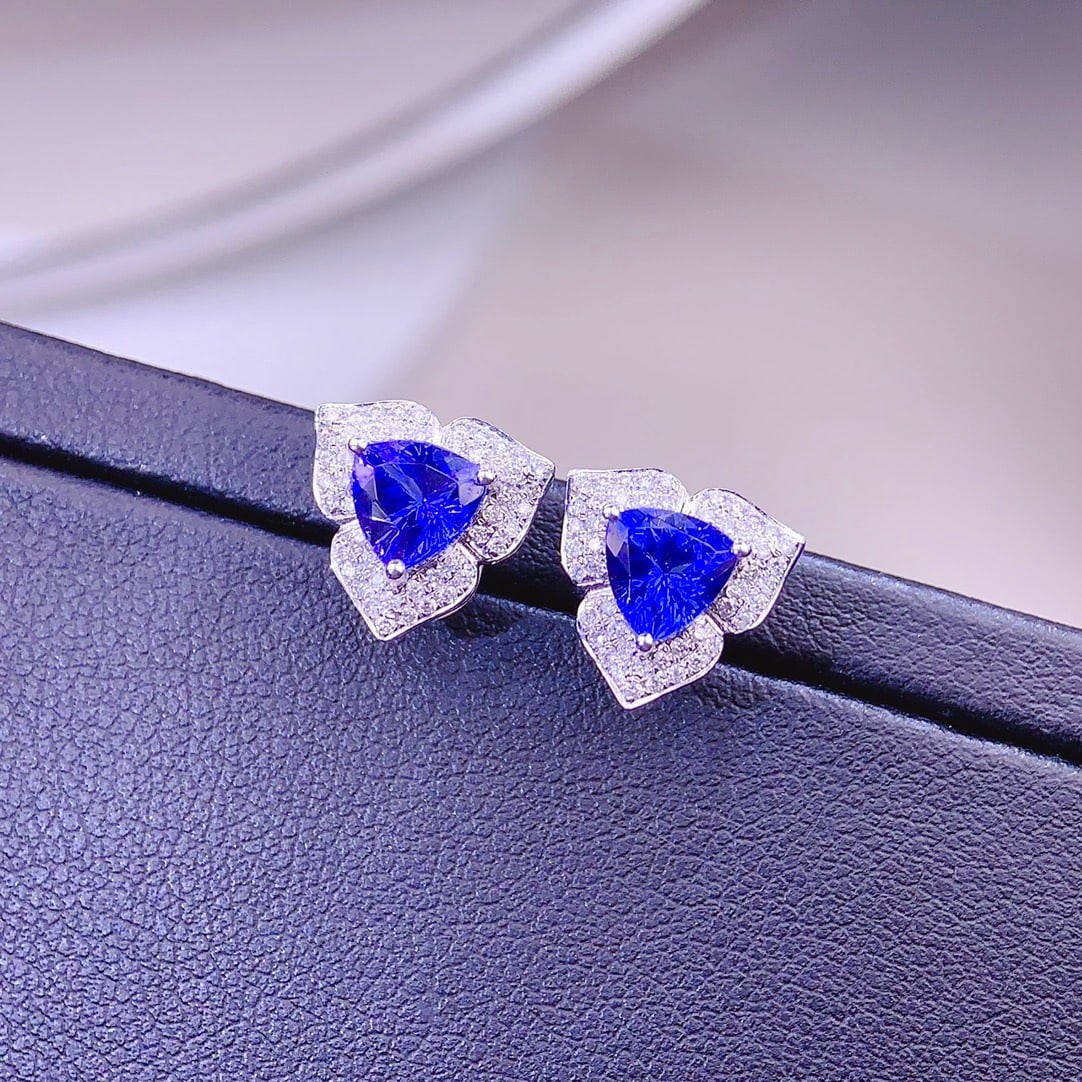14k Gold 2.18 Ct Natural Tanzanite & Diamond Earrings - 2