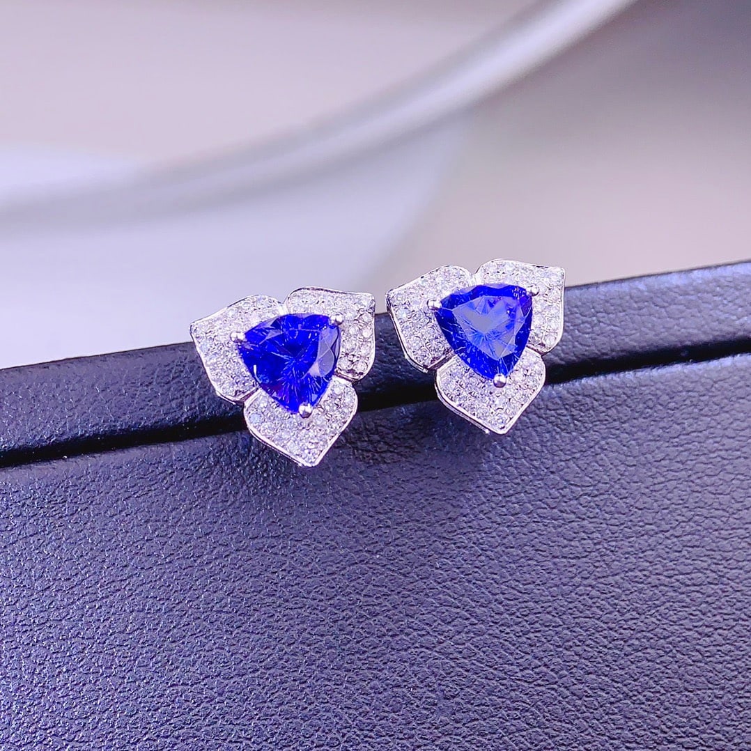 14k Gold 2.18 Ct Natural Tanzanite & Diamond Earrings - 6