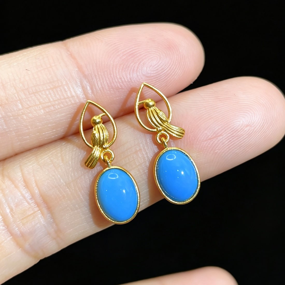 14k Gold 2.25 Ct Natural Blue Turquoise Earrings - 2
