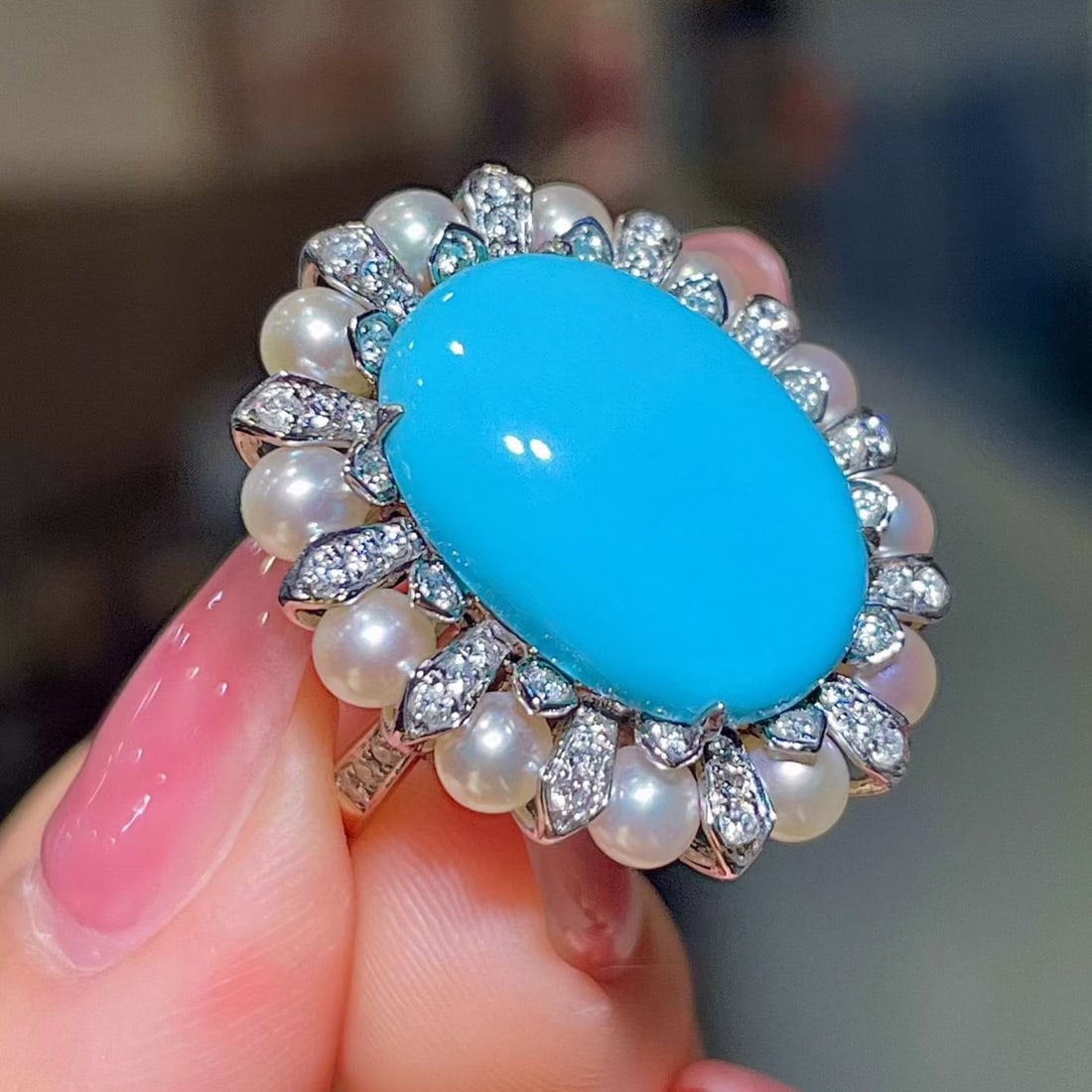 14k Gold 8.39 Ctw Natural Blue Turquoise & Diamond Ring - 5