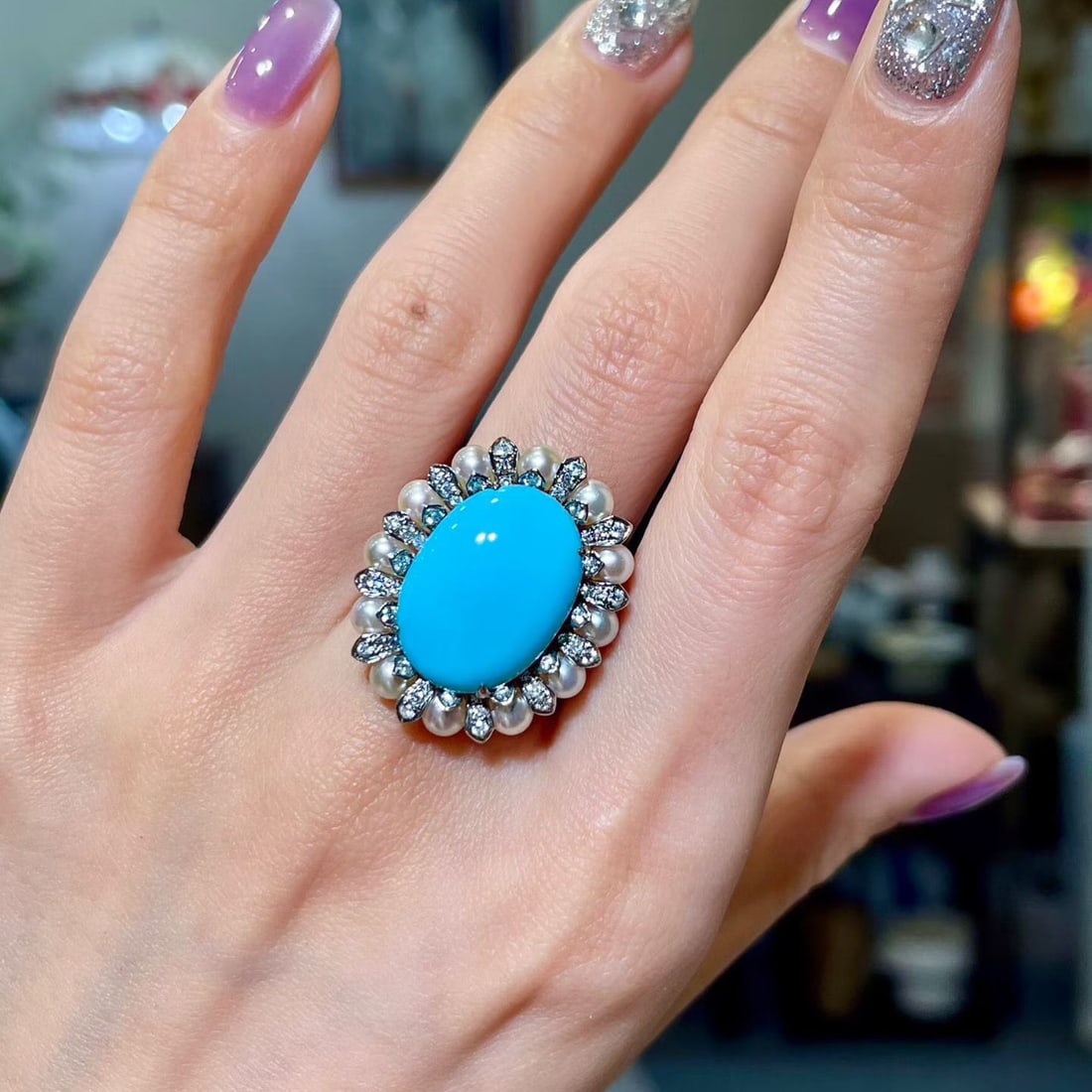 14k Gold 8.39 Ctw Natural Blue Turquoise & Diamond Ring - 6
