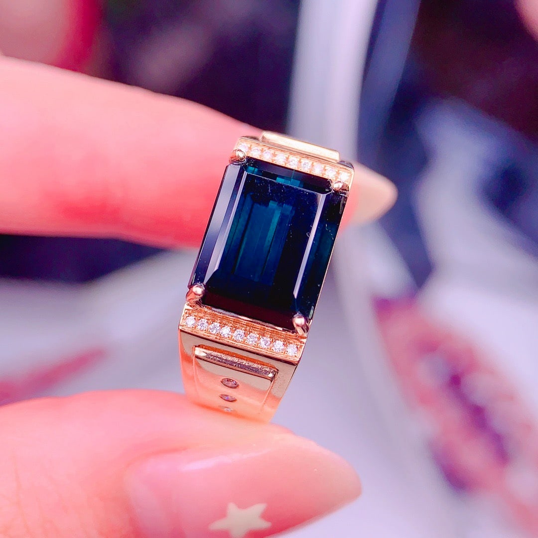 14k Gold 6 Ct Natural Tourmaline & Diamond & Men¡¯s Ring - 2