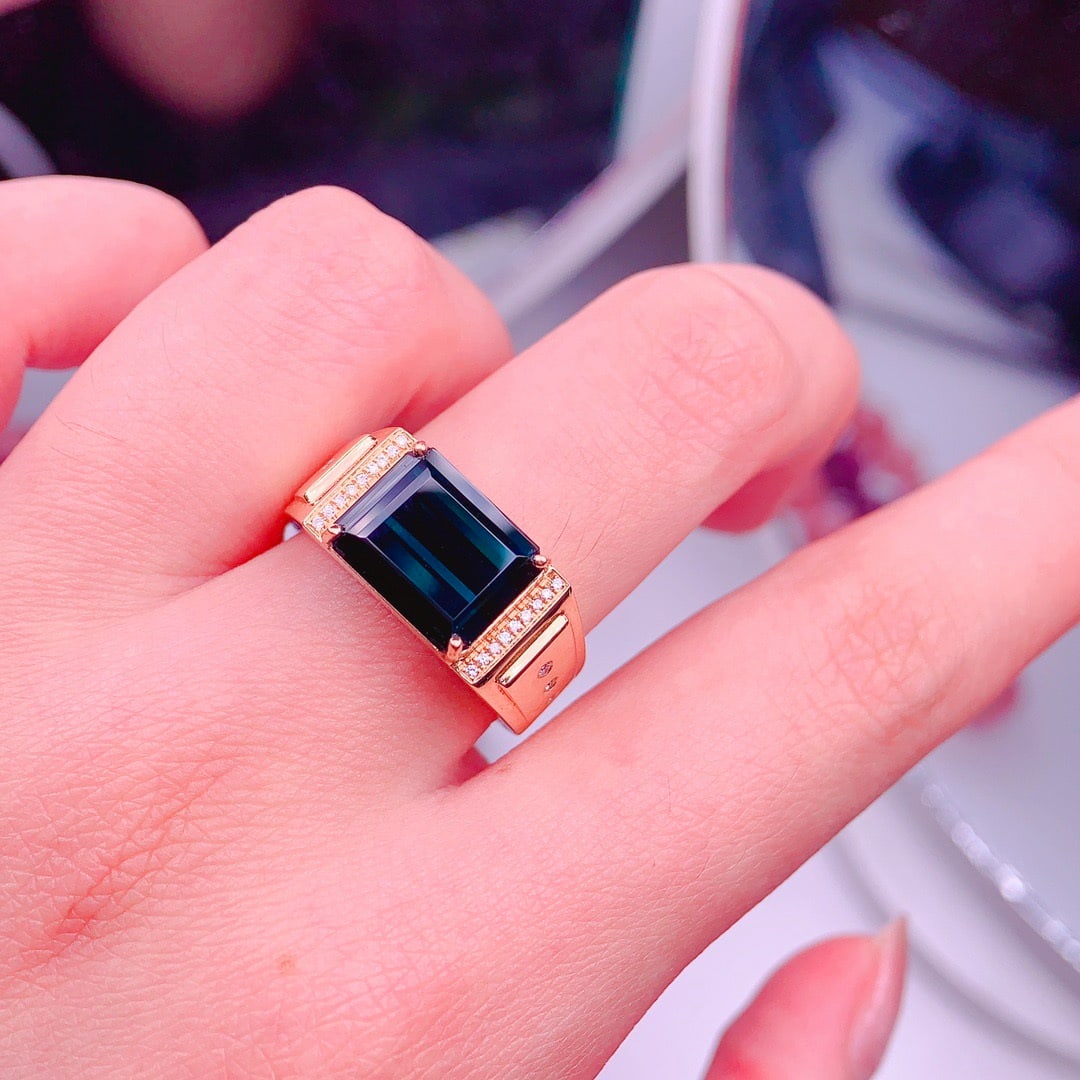 14k Gold 6 Ct Natural Tourmaline & Diamond & Men¡¯s Ring - 4