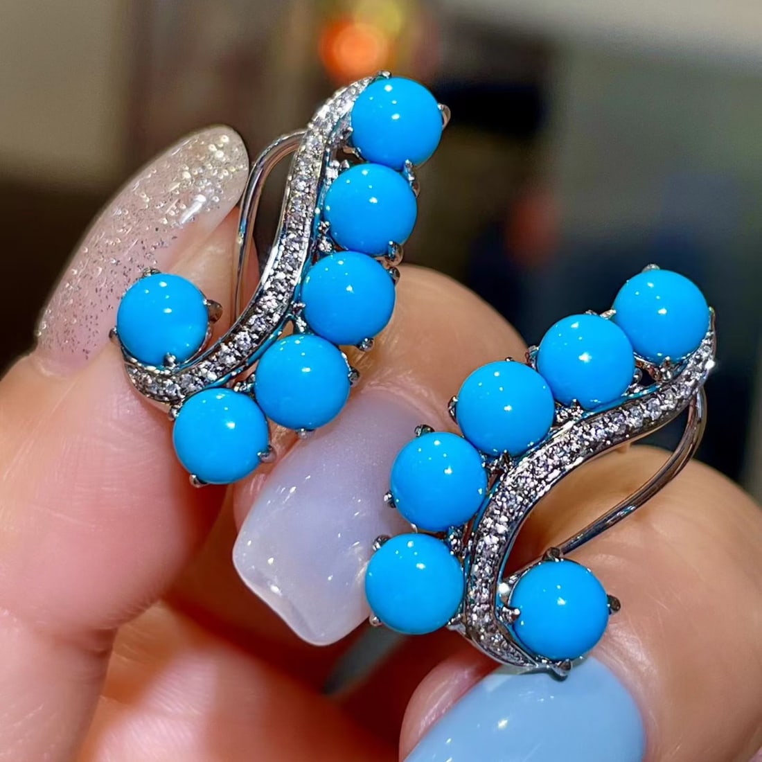 14k Gold 6.34 Ctw Natural Blue Turquoise & Diamond Earrings - 3