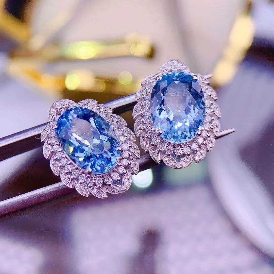 14k Gold 6.3 Ct Natural Aquamarine & Diamond Earrings - 2