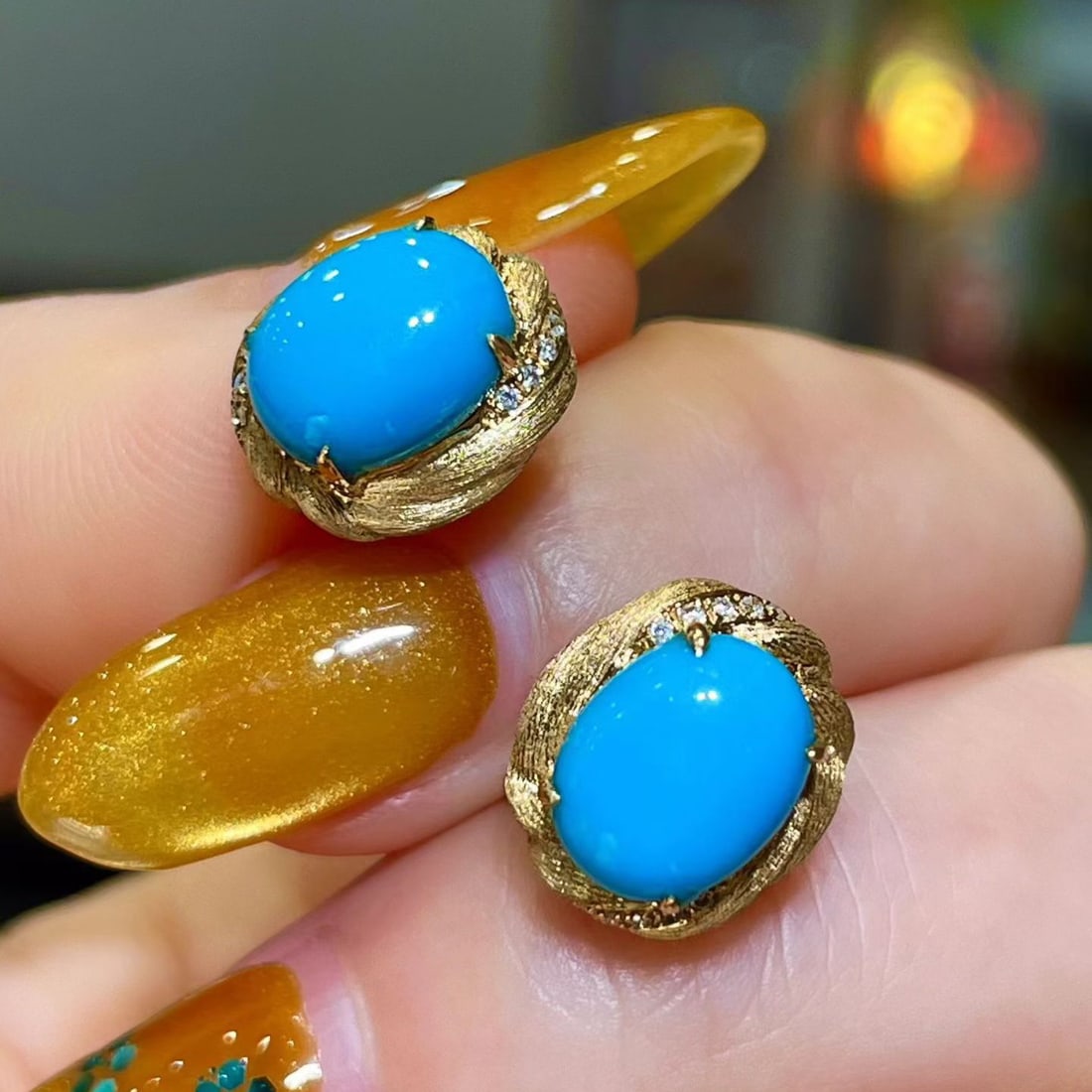 14k Gold 3.75 Ctw Natural Blue Turquoise & Diamond Earrings - 2