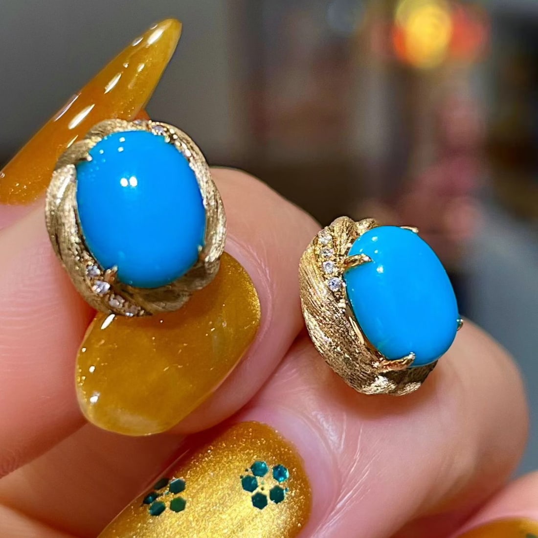 14k Gold 3.75 Ctw Natural Blue Turquoise & Diamond Earrings - 3