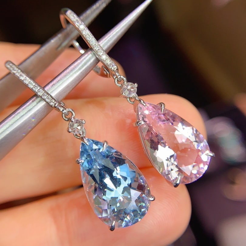 14k Gold 9.89 Ctw Natural Aquamarine & Morganite & Diamond Earrings - 2