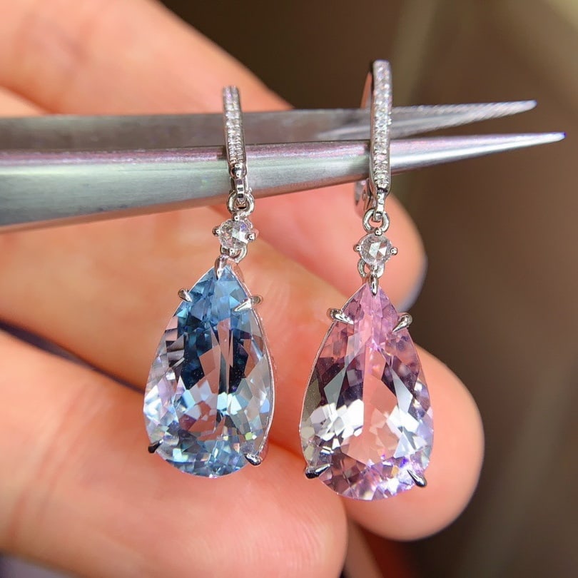 14k Gold 9.89 Ctw Natural Aquamarine & Morganite & Diamond Earrings - 3