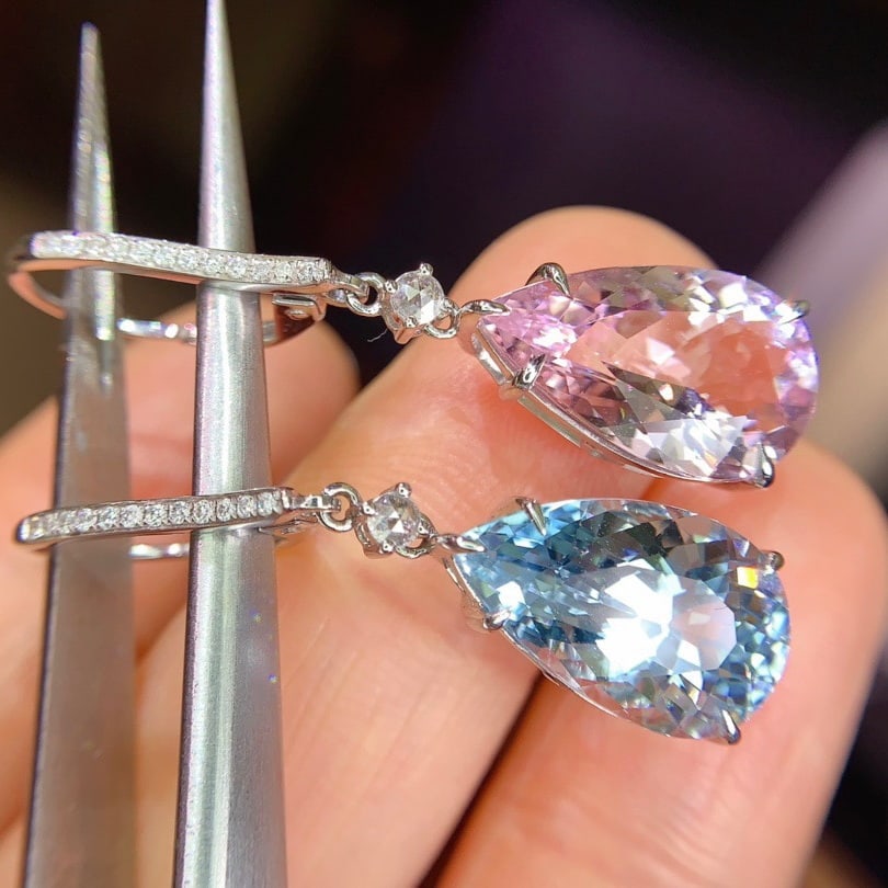14k Gold 9.89 Ctw Natural Aquamarine & Morganite & Diamond Earrings - 4