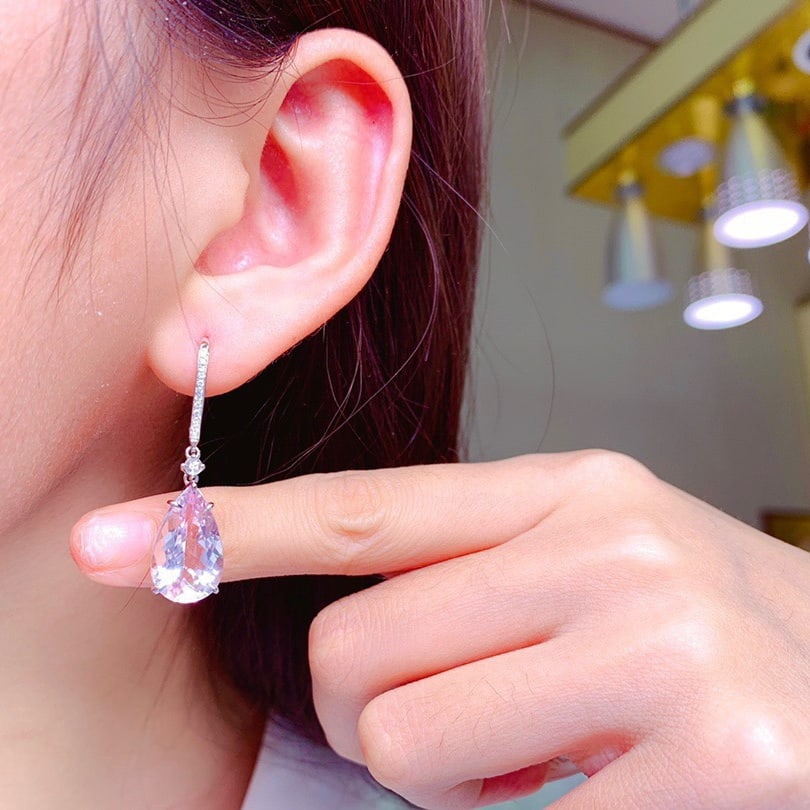 14k Gold 9.89 Ctw Natural Aquamarine & Morganite & Diamond Earrings - 5