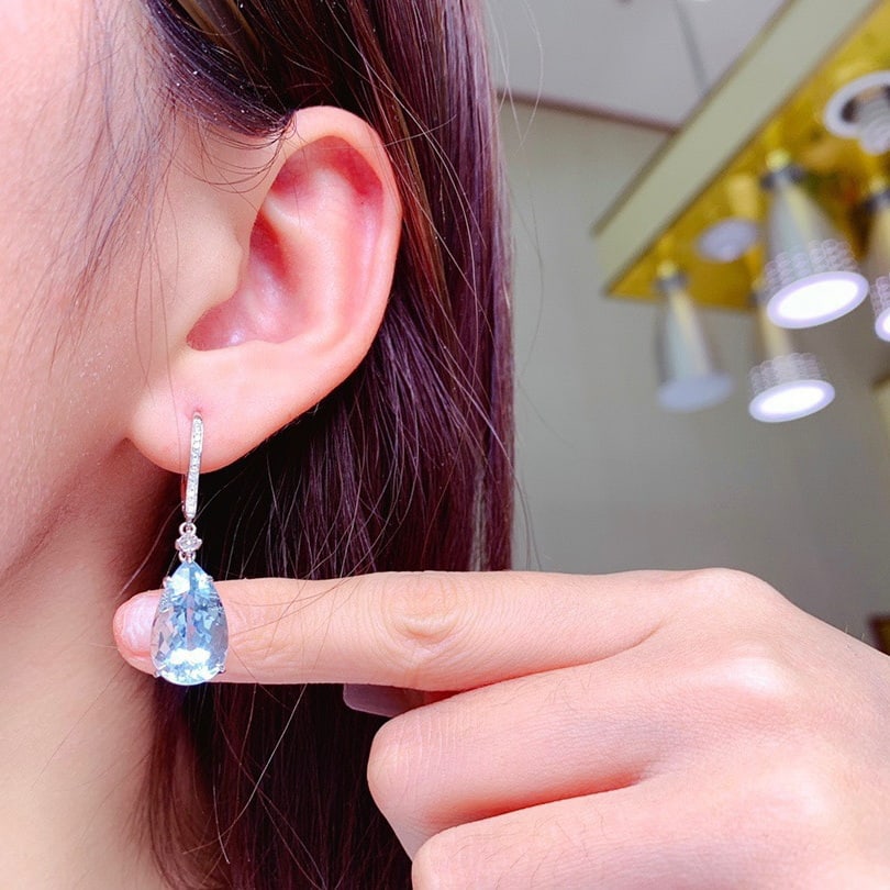 14k Gold 9.89 Ctw Natural Aquamarine & Morganite & Diamond Earrings - 6