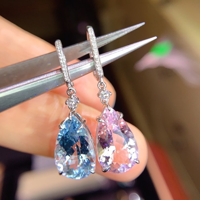 14k Gold 9.89 Ctw Natural Aquamarine & Morganite & Diamond Earrings - 7