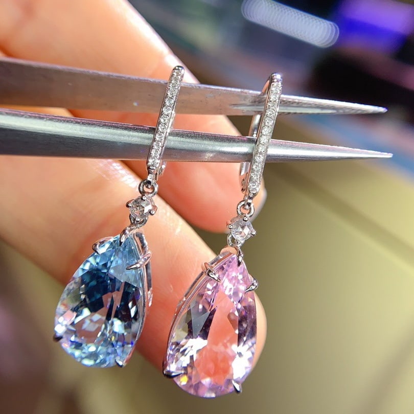 14k Gold 9.89 Ctw Natural Aquamarine & Morganite & Diamond Earrings - 8