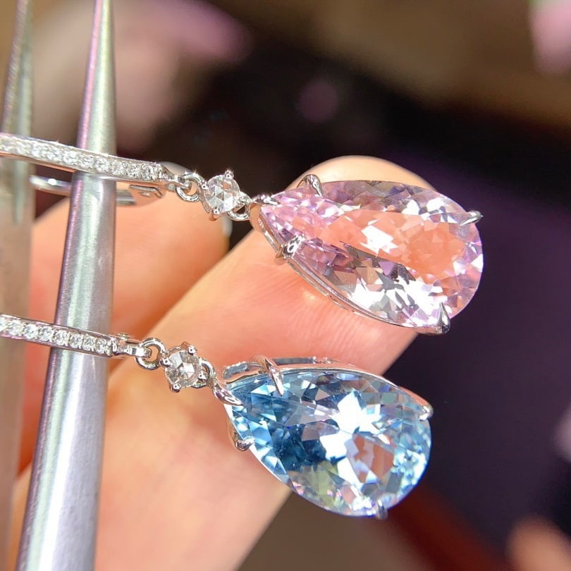 14k Gold 9.89 Ctw Natural Aquamarine & Morganite & Diamond Earrings - 9