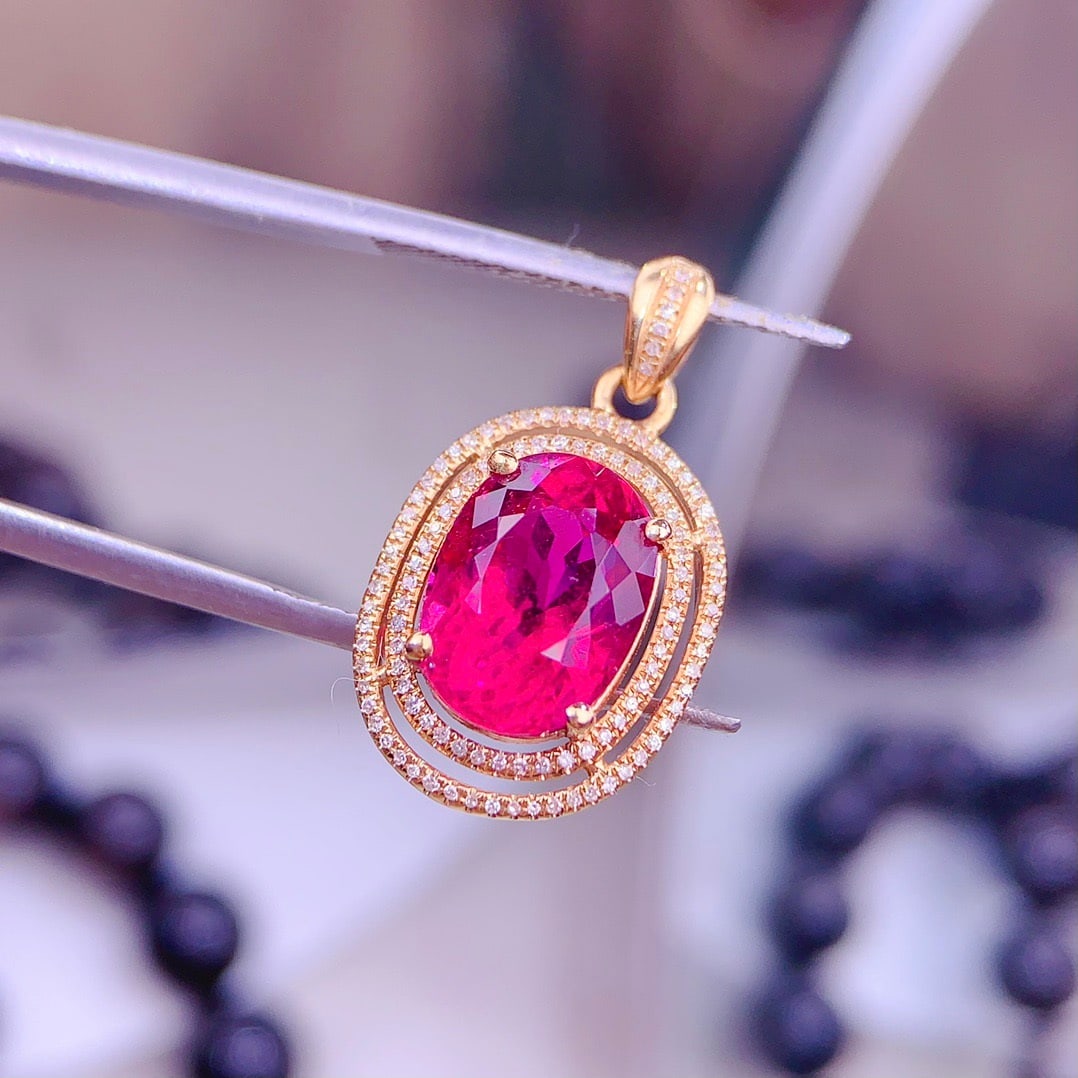 14k Gold 5 Ct Natural Tourmaline & Diamond Pendant( Without Chain ) - 2