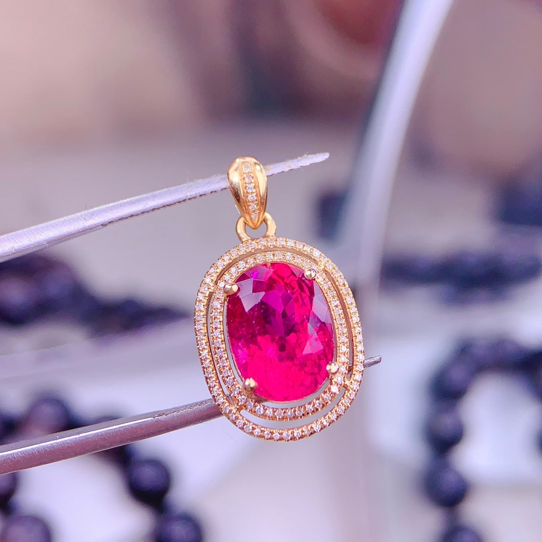 14k Gold 5 Ct Natural Tourmaline & Diamond Pendant( Without Chain ) - 3