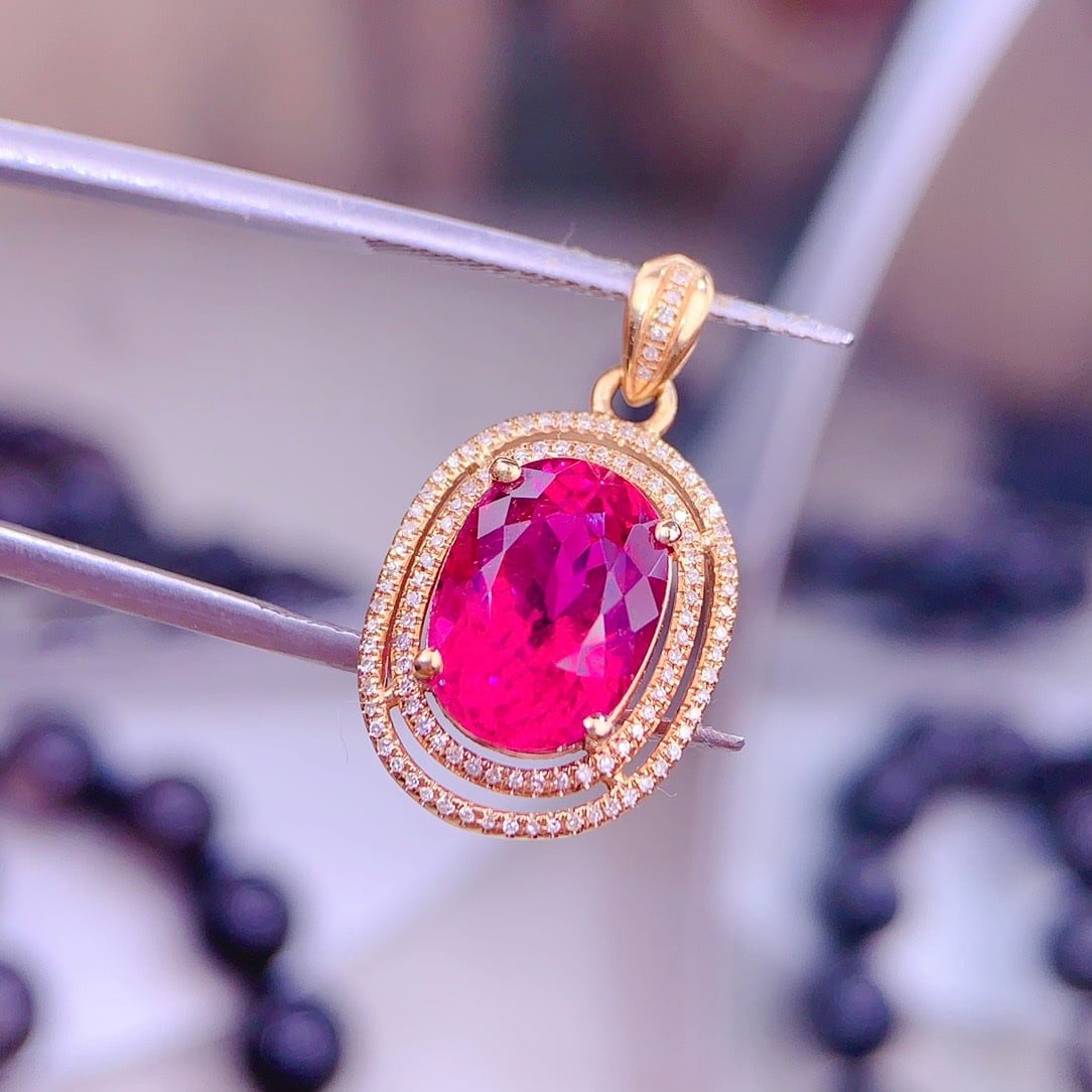 14k Gold 5 Ct Natural Tourmaline & Diamond Pendant( Without Chain ) - 4