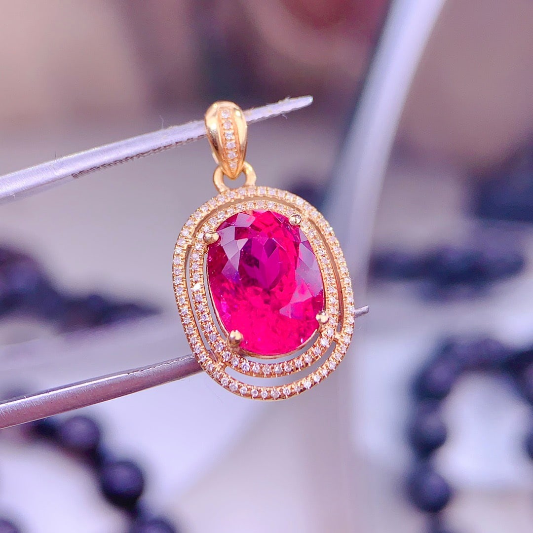 14k Gold 5 Ct Natural Tourmaline & Diamond Pendant( Without Chain ) - 5