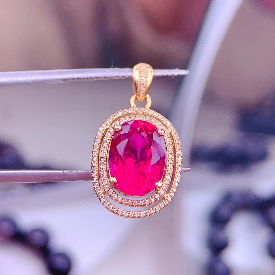 14k Gold 5 Ct Natural Tourmaline & Diamond Pendant( Without Chain ) - 6