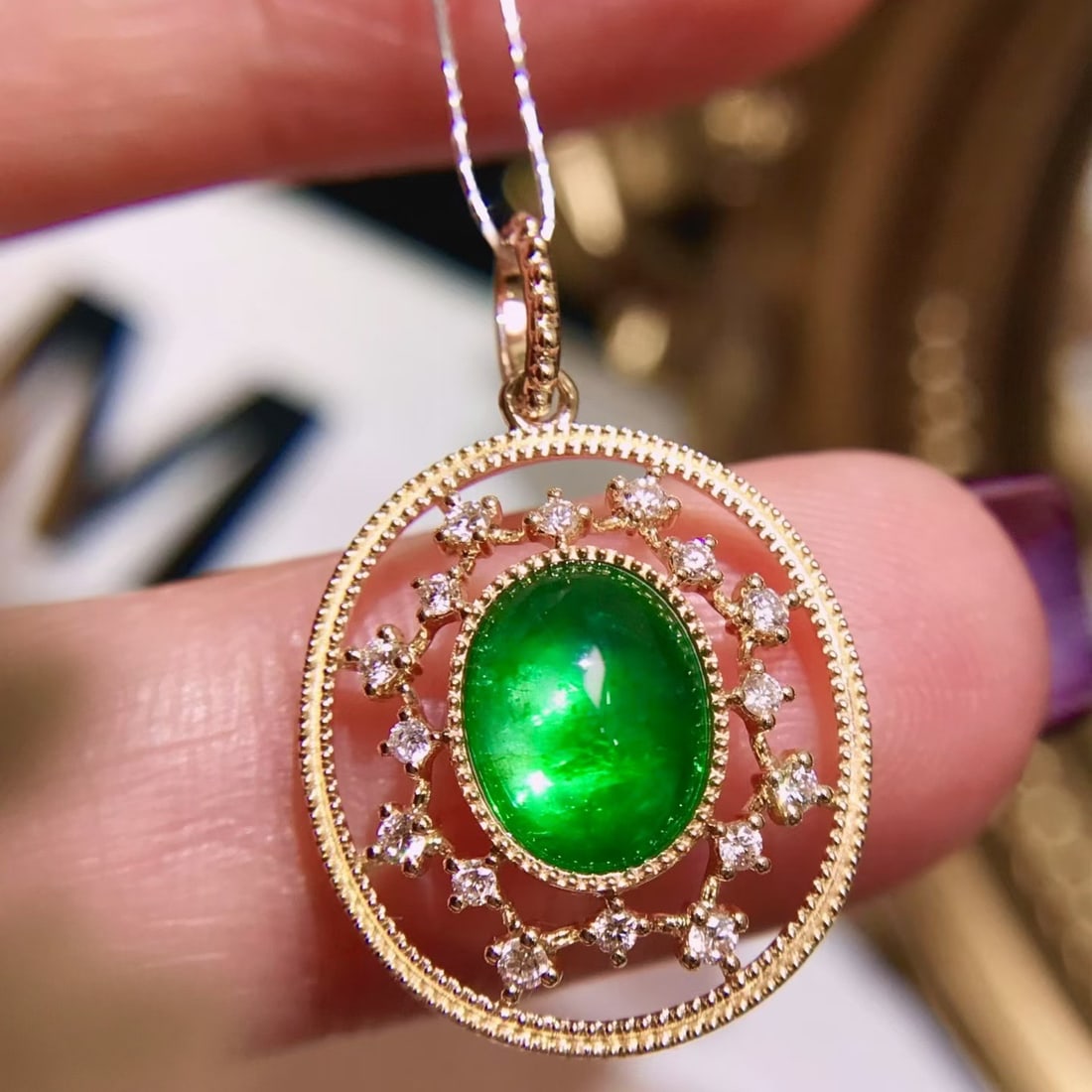 14k Gold 1.73 Ctw Natural Emerald & Diamond Pendant( Without Chain ): Ref:231156427 // gold content:14k gold // main gemstone:emerald // shape:oval // carat weight:1. 5ct // color:green // treatment:natural // // adjacent gemstone 2 : diamond // shape:round // carat wei
