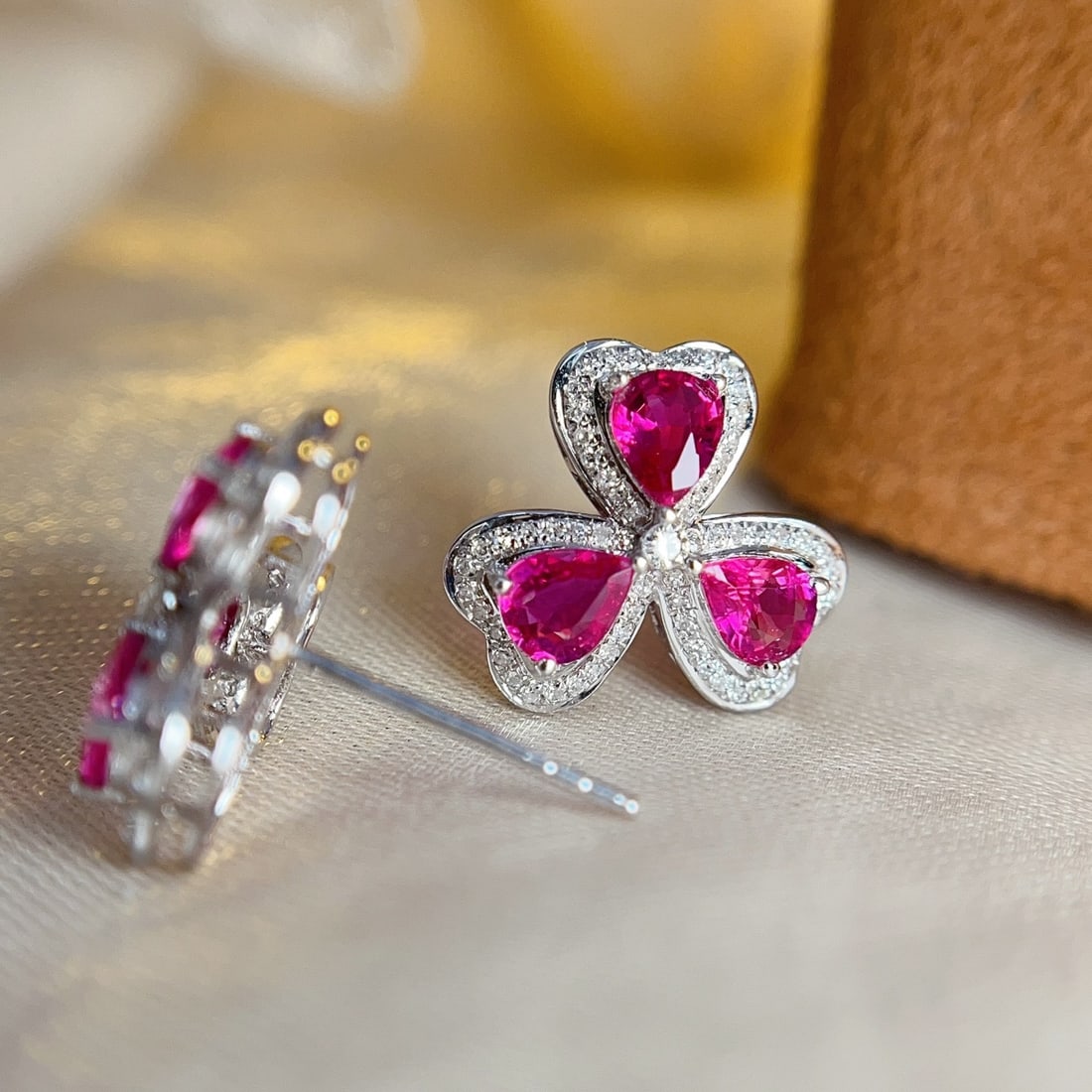 14k Gold 2.50 Ct Natural Ruby & Diamond Earrings - 5