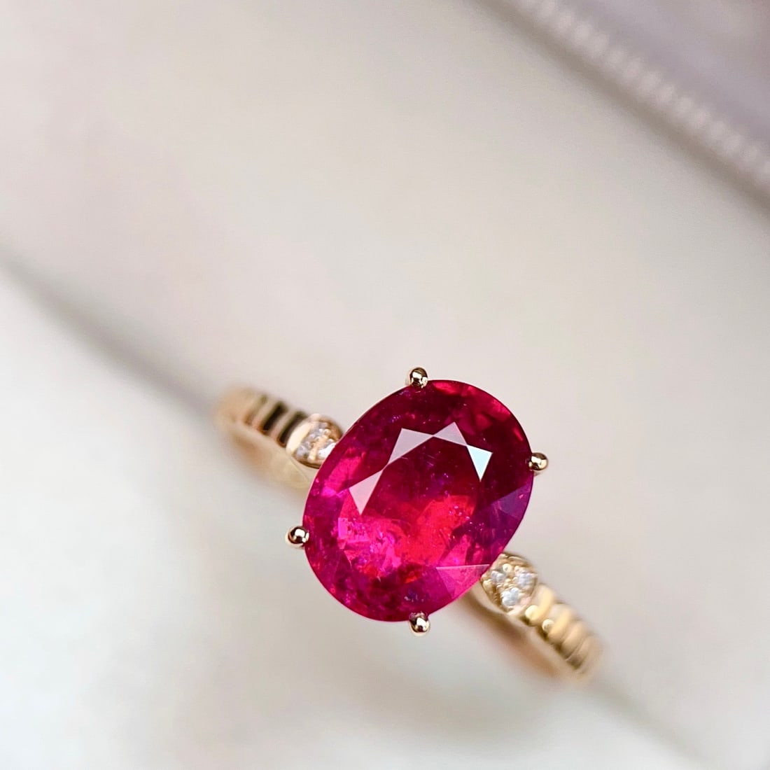 14k Gold 2.42 Ctw Natural Tourmaline & Diamond Ring: Ref:231156430 // gold content:14k gold // ring size:7. 25us // // main gemstone:tourmaline // shape:oval // carat weight:2. 4ct // color:red // treatment:natural // // adjacent gemstone 2 : diamond