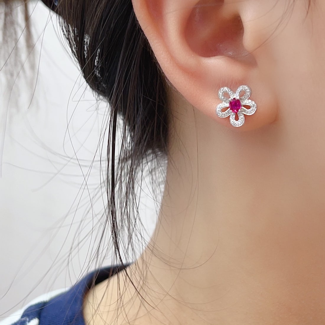 14k Gold 1.15 Ct Natural Ruby & Diamond & Flowers Earrings - 4