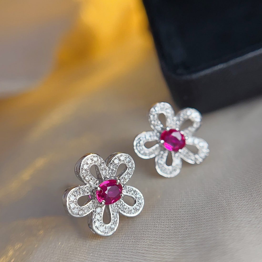 14k Gold 1.15 Ct Natural Ruby & Diamond & Flowers Earrings - 5