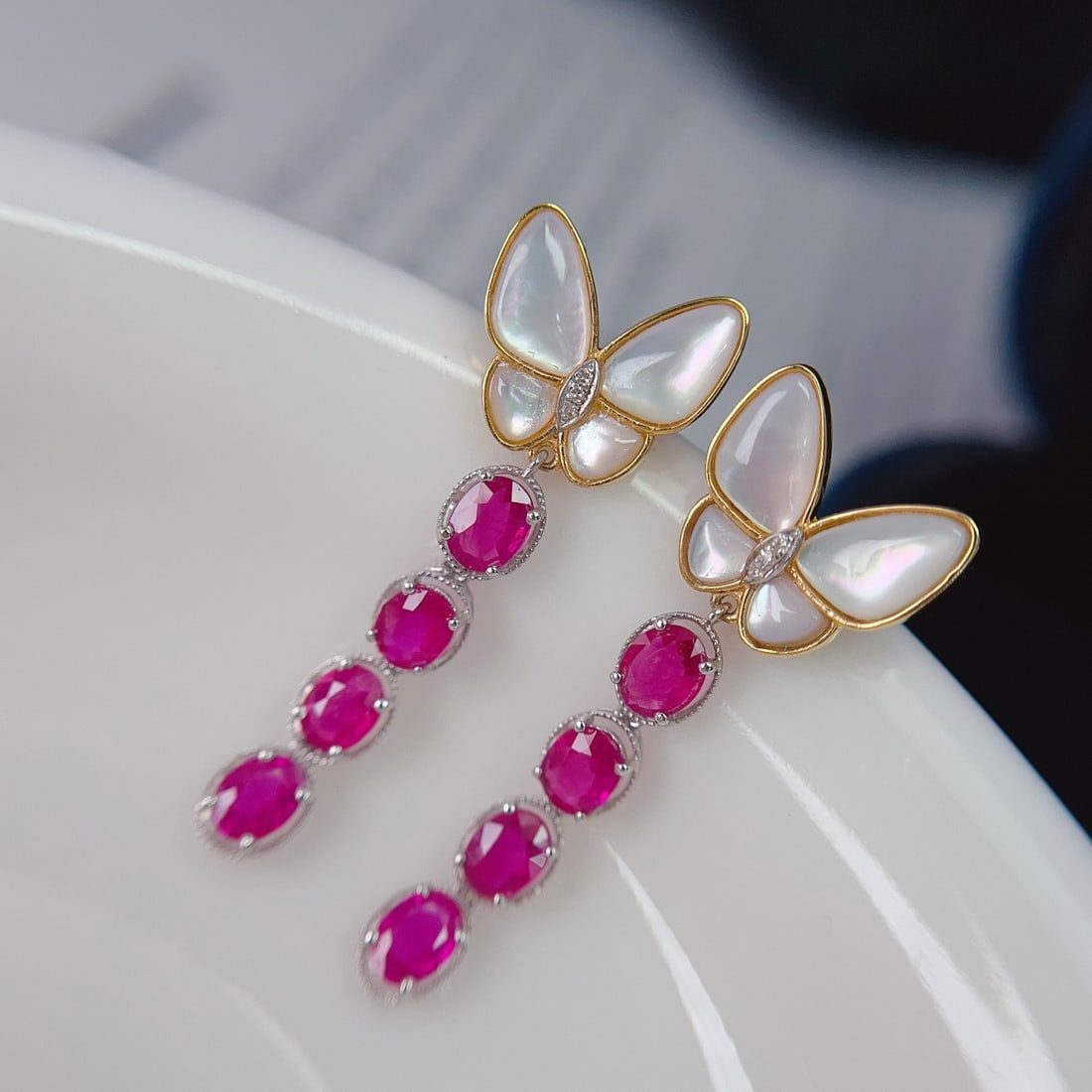 14k Gold 2.65 Ct Natural Ruby & Diamond & Butterfly Earrings - 2