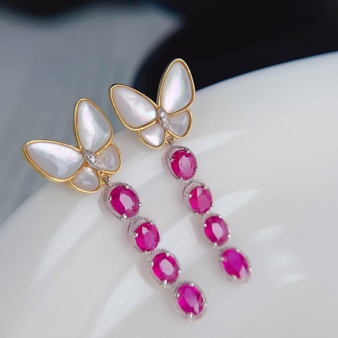 14k Gold 2.65 Ct Natural Ruby & Diamond & Butterfly Earrings - 3