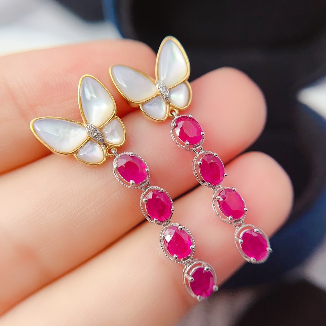 14k Gold 2.65 Ct Natural Ruby & Diamond & Butterfly Earrings - 4