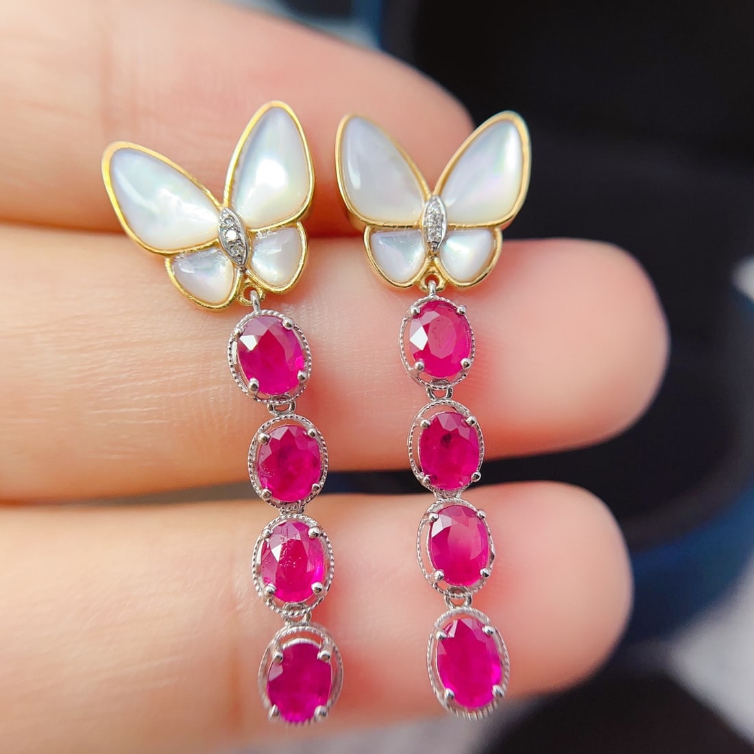 14k Gold 2.65 Ct Natural Ruby & Diamond & Butterfly Earrings - 5